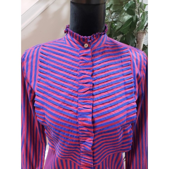 J. Crew Red & Blue Striped Long Sleeve Ruffle Trim Tuxedo Top Blouse XS - Picture 2 of 16